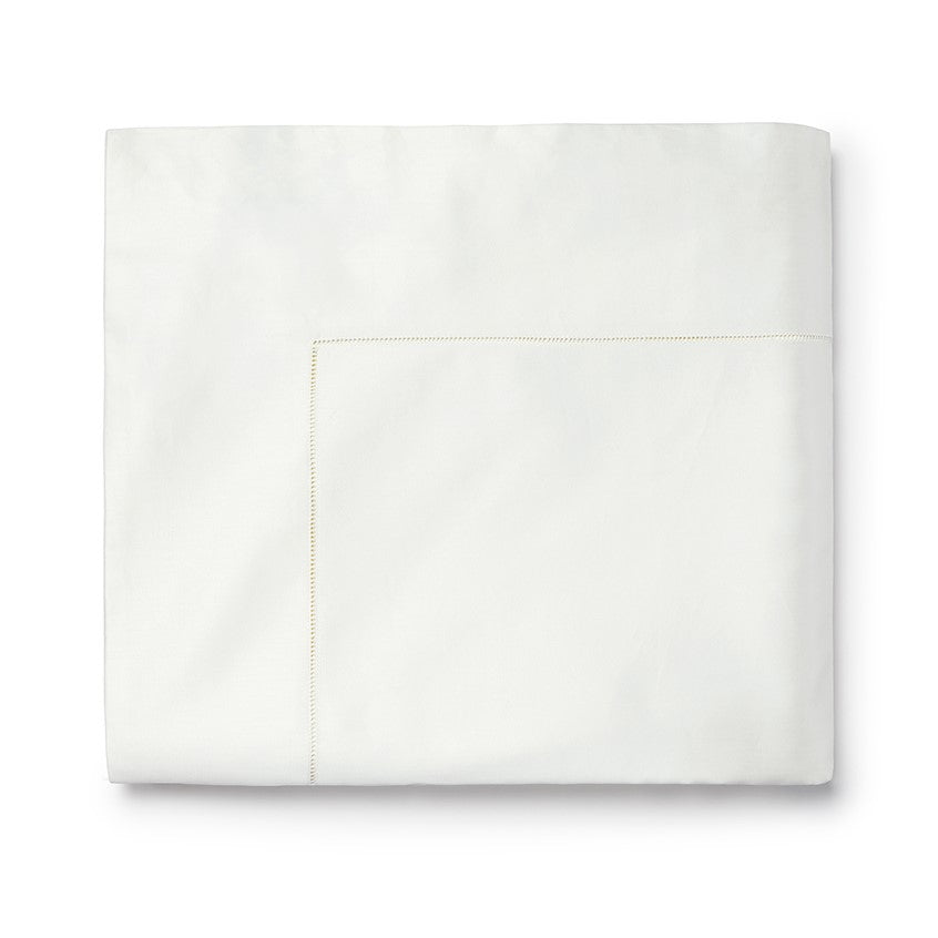 Sferra Giza 45 sateen flat sheet in crisp white with a subtle hem detail, ideal for luxurious bedding.