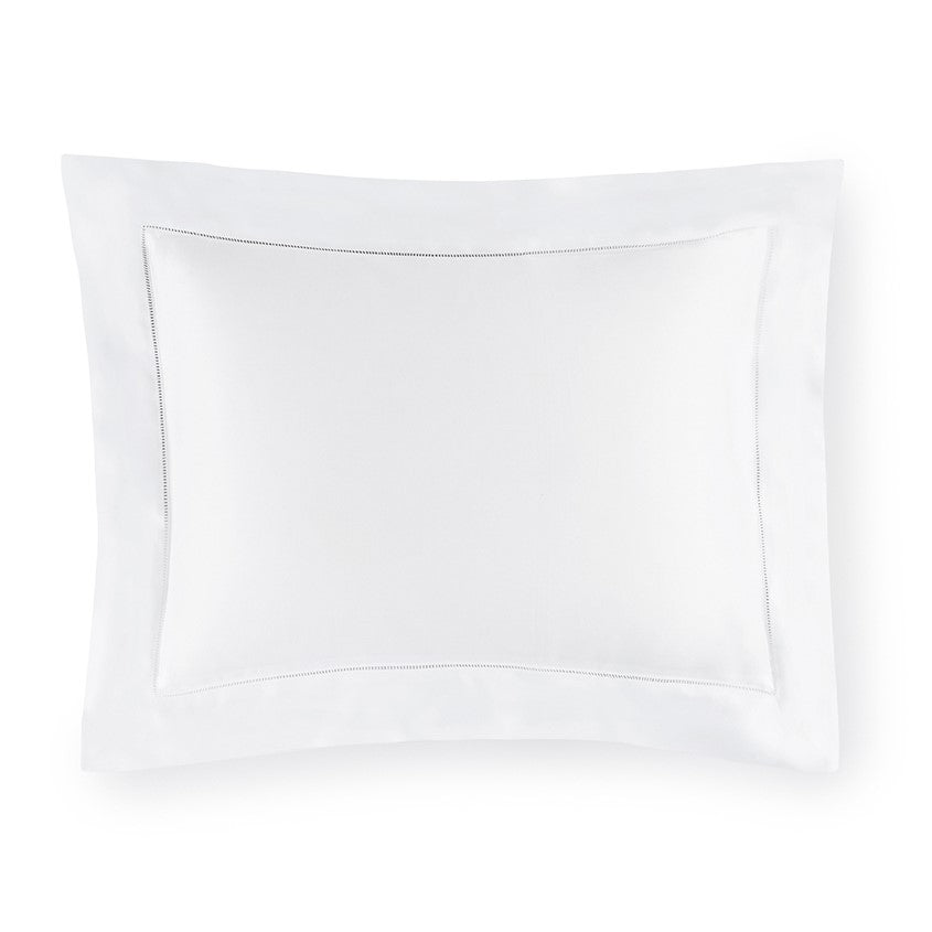 Sferra Giza 45 Sateen Pillow Sham in white with a subtle border, showcasing luxurious fabric and elegant design.