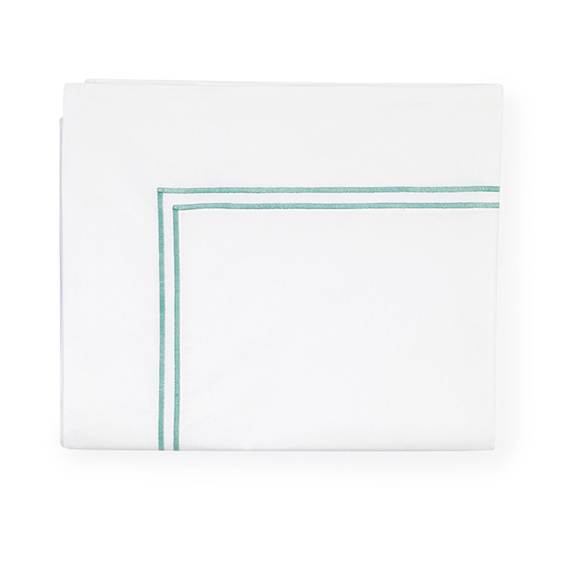 Sferra Grande Hotel flat sheet in white with a subtle turquoise border, showcasing a clean and elegant design.
