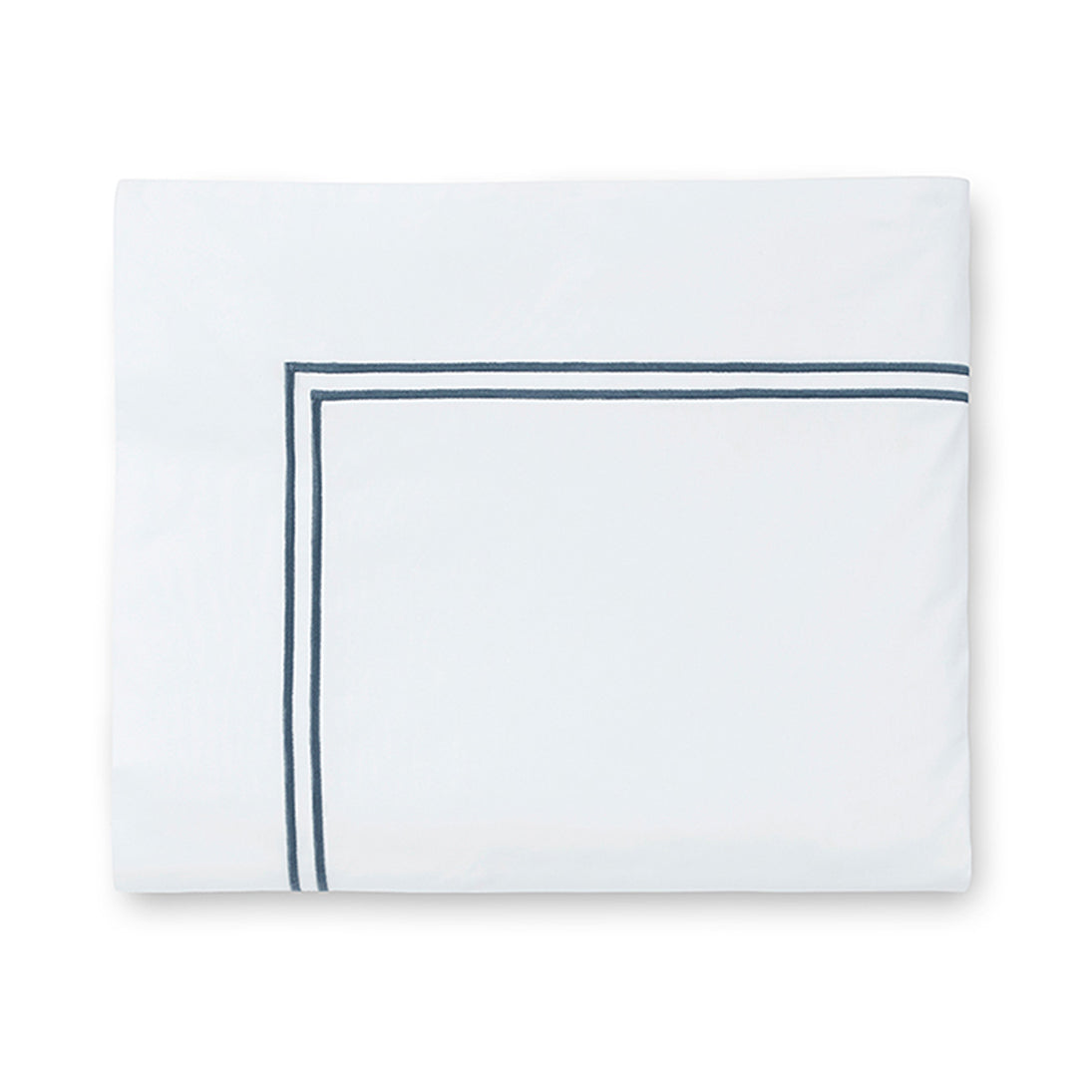 Sferra Grande Hotel flat sheet in white with a navy blue double border design, showcasing a clean and elegant look.
