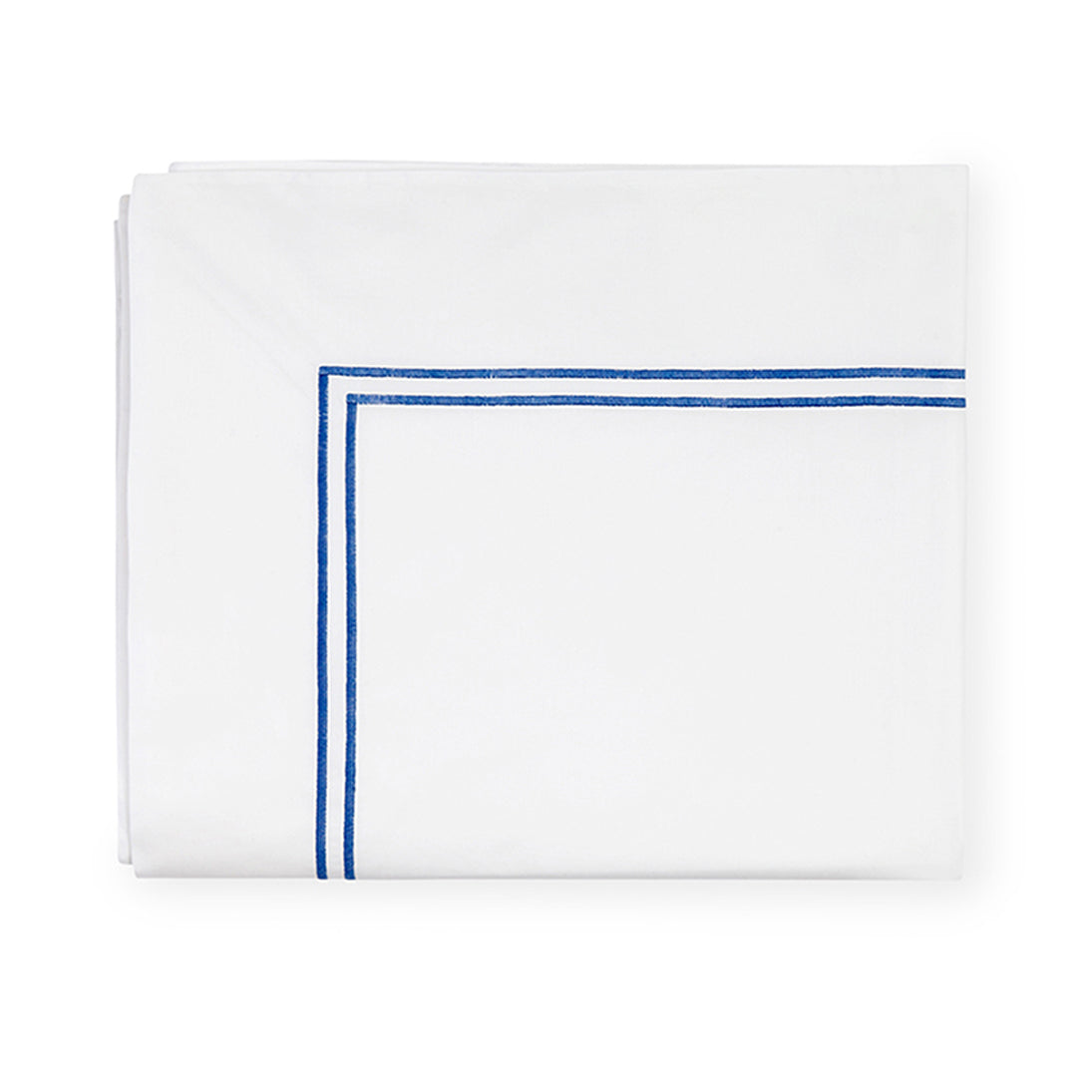 Sferra Grande Hotel flat sheet in white with a blue embroidered border, showcasing a classic and elegant design.