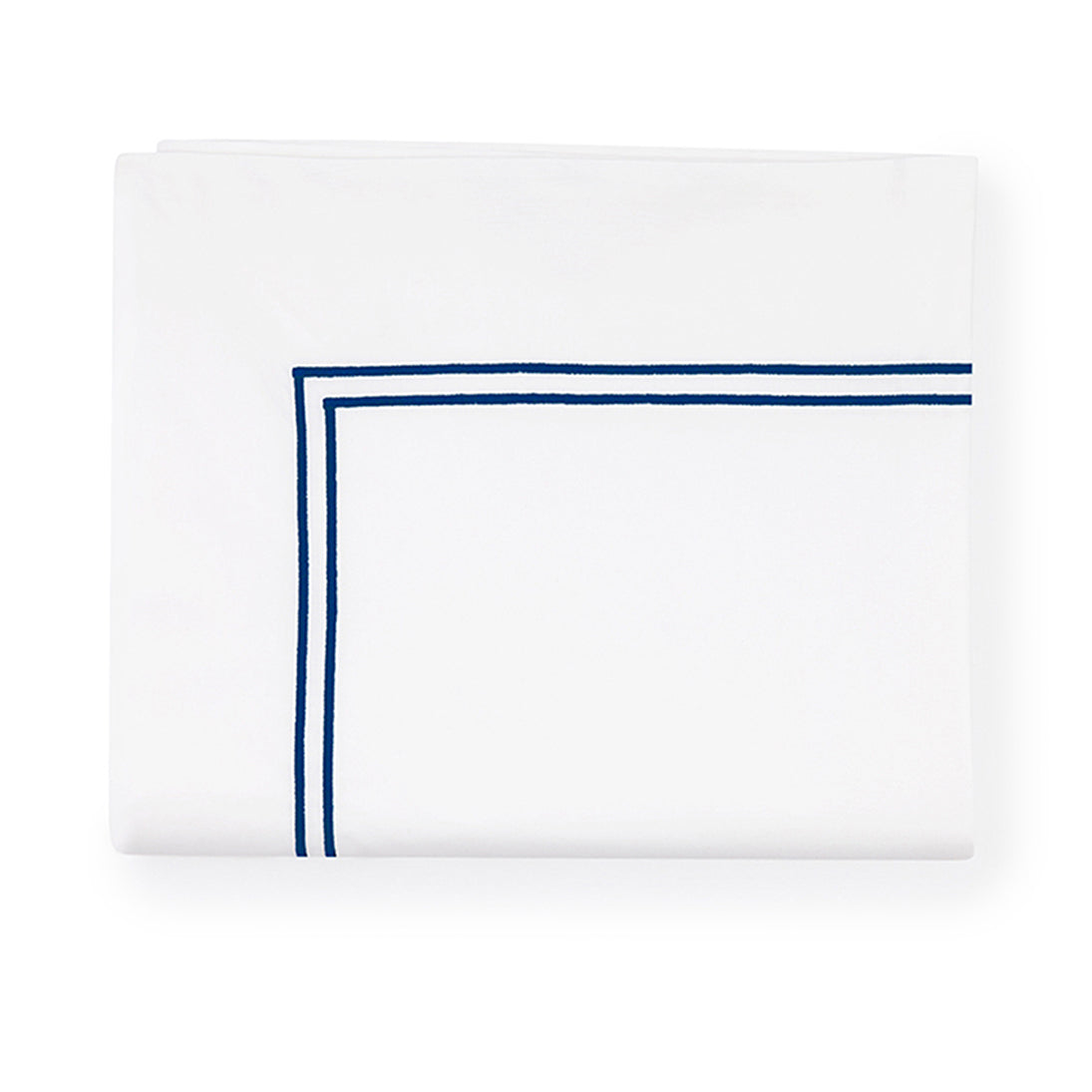 Sferra Grande Hotel flat sheet in white with a navy blue double border design, neatly folded.