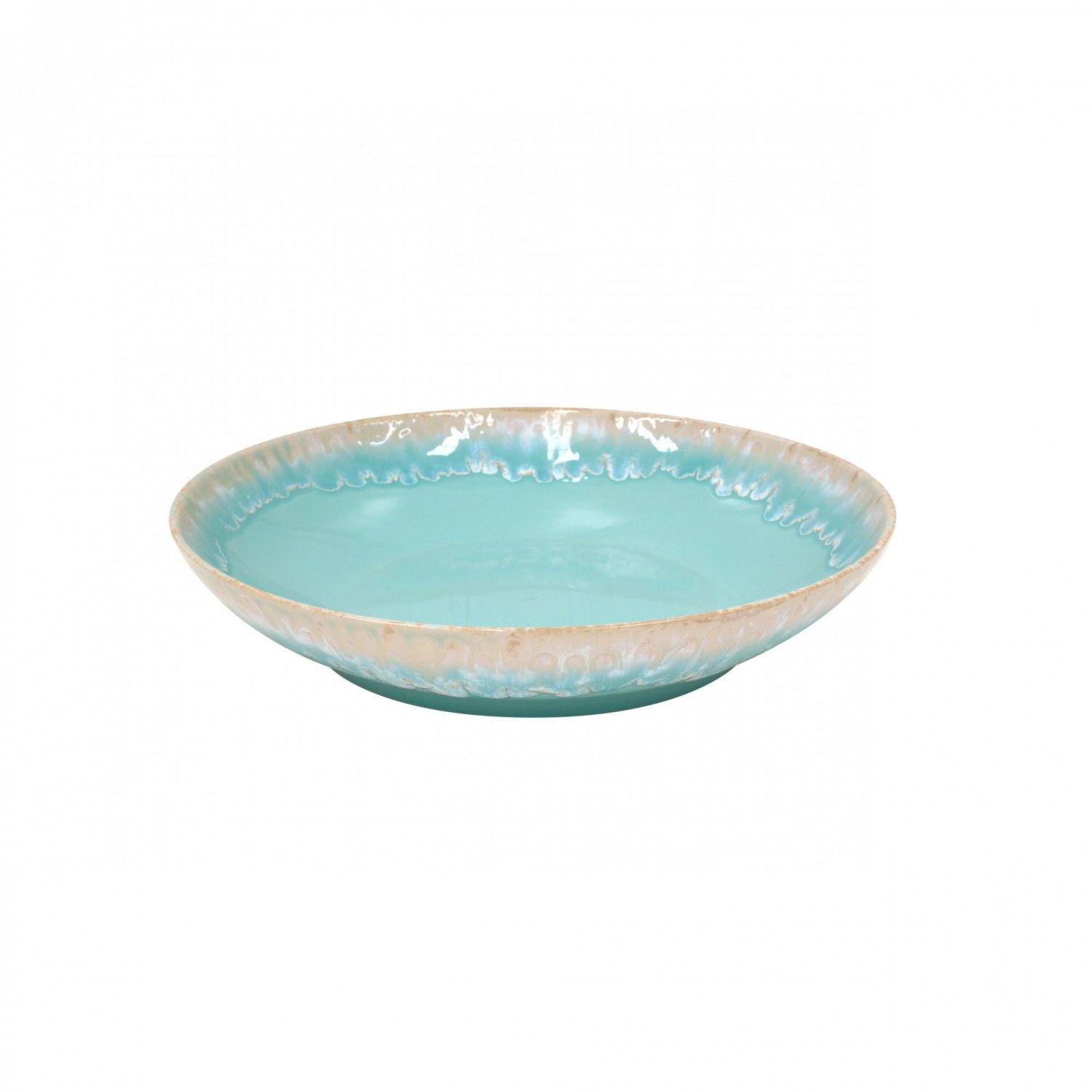 Casafina Taormina pasta serving bowl featuring a vibrant turquoise interior and a textured, light-colored rim.