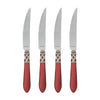 Set of four Vietri Aladdin Antique steak knives featuring stainless steel blades and red handles with intricate detailing.