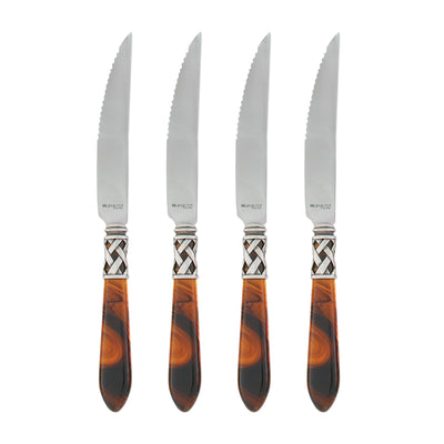 Set of four Vietri Aladdin Antique steak knives featuring stainless steel blades and intricate patterned handles.